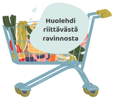 Kuvassa ostoskärryt täynnä terveellisiä tuotteita ja teksti: Huolehdi riittävästä ravinnosta